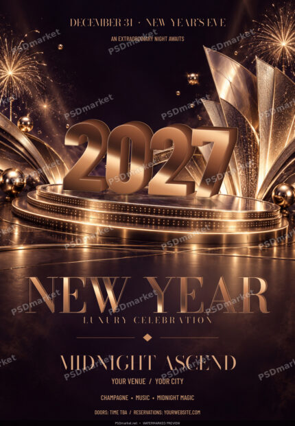 Midnight Ascend 2027 New Year flyer with copper metallic numerals, Art Deco stage, fireworks and warm champagne typography; watermarked preview.