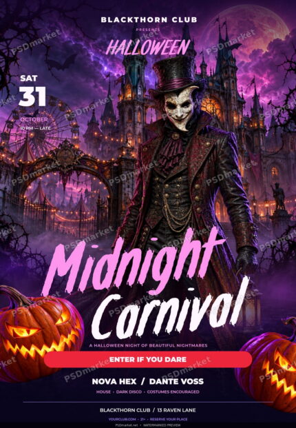 Midnight Carnival Halloween flyer with a carnival ringmaster, glowing pumpkin and bold brush lettering; watermarked preview.
