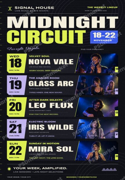 Midnight Circuit Weekly Live Music Lineup Flyer PSD Template with PSDmarket preview watermark