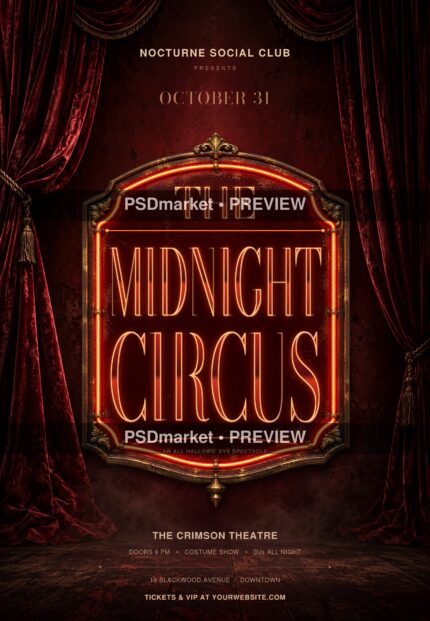 Midnight Circus Halloween flyer with burgundy velvet curtains and a copper-red neon marquee, protected by two horizontal PSDmarket preview bands.