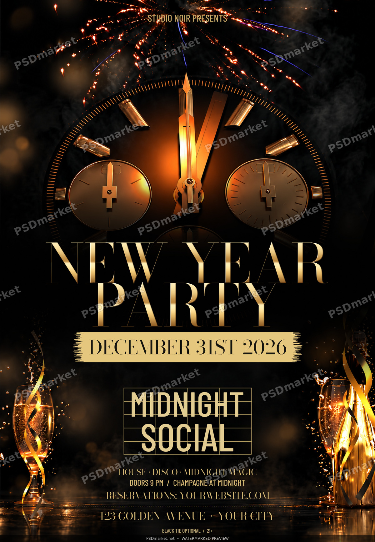 Midnight Countdown New Year Party flyer with gold clock, champagne and dark gradient behind headline, protected PSDmarket preview