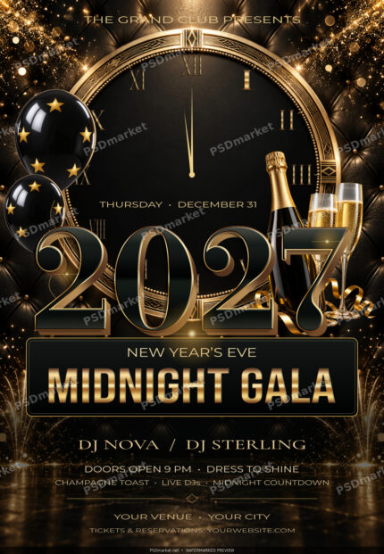 Midnight Gala 2027 New Year flyer with bronze lettering, clock, champagne and black balloons; protected PSDmarket preview