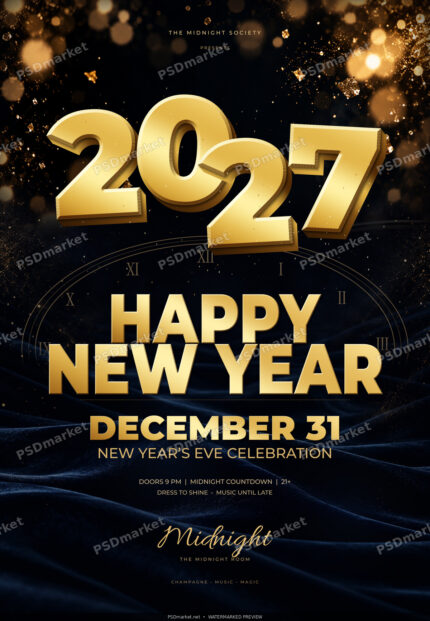 Midnight Gold 2027 New Year's Eve party flyer with gold dimensional typography and dark silk; protected preview