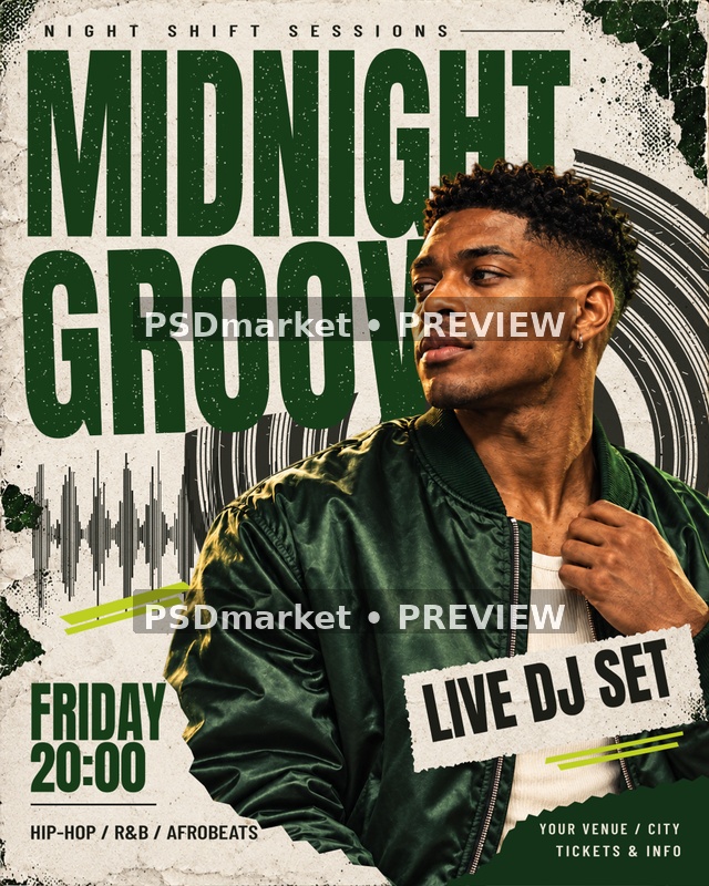 Midnight Groove DJ Party Flyer PSD Template — PSD template preview