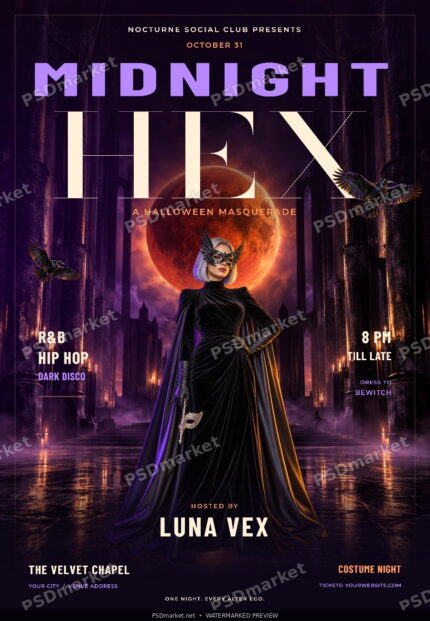 Midnight Hex Halloween Masquerade Flyer PSD Template — protected PSDmarket preview