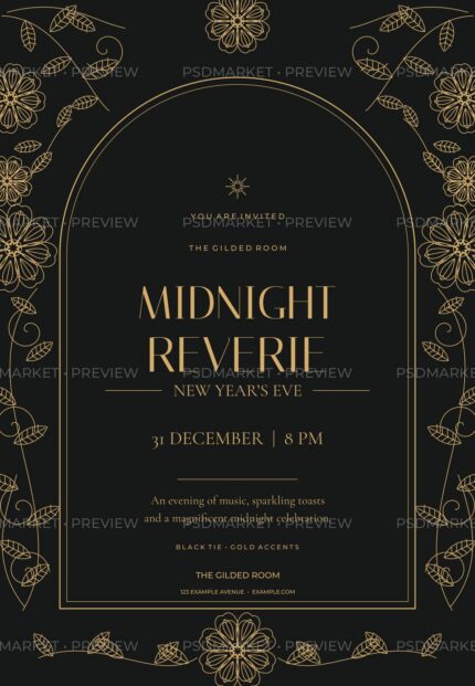 Gold botanical arch on charcoal Midnight Reverie New Year's Eve editable flyer, watermarked preview