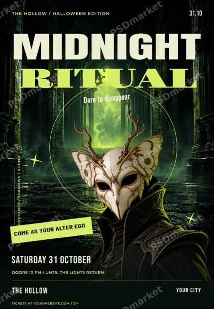 Midnight Ritual Halloween flyer with ivory moth mask, gothic crypt and PSDmarket watermark