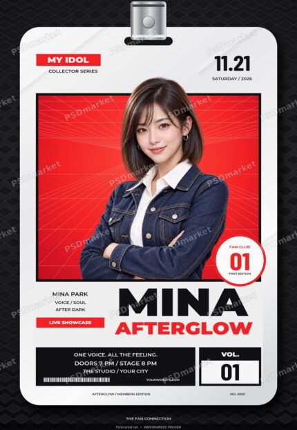 Watermarked Mina Afterglow music flyer preview with a fictional singer portrait, red and white fan ID card and bold black typography