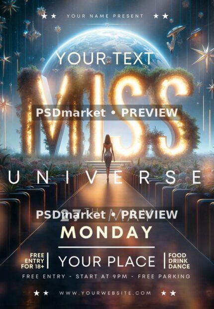 Miss Universe event flyer with glowing golden MISS lettering, a blue planet backdrop and a small stage figure