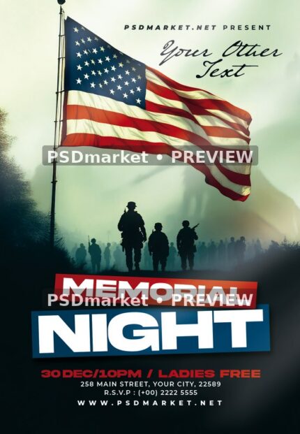 Misty Flag Memorial Night Flyer PSD Template — PSD template preview
