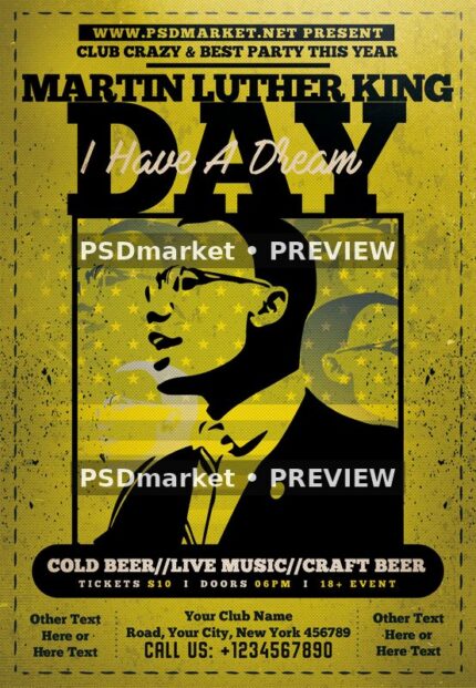 Yellow and black MLK Day flyer layout with large text, cream script, halftone texture and a suited figure illustration
