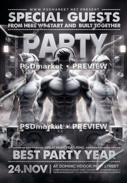 Monochrome Muscular DJ Party Flyer PSD Template — PSD template preview