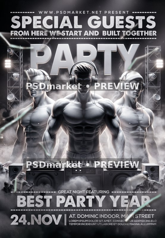 Monochrome Muscular DJ Party Flyer PSD Template — PSD template preview