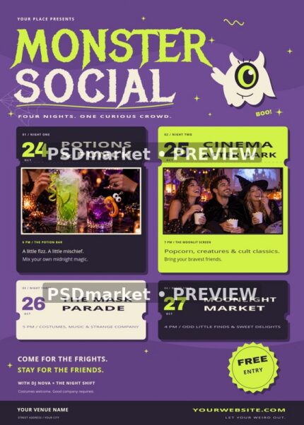 Monster Social Halloween events flyer with lime ghost mascot and four ticket panels; reduced watermarked PSD preview