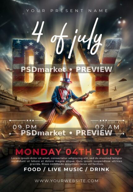 Monumental Lettering Fourth of July Guitarist Flyer PSD Template — PSD template preview