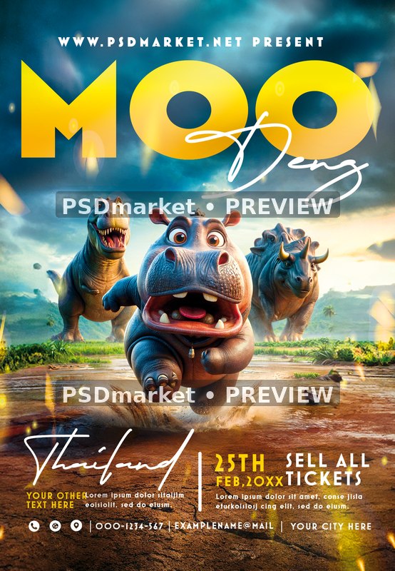 Moo Deng Dinosaur Chase Event Flyer — reduced watermarked source artwork preview