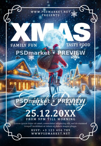 Moonlit Bicycle Santa Christmas Flyer PSD Template — reduced watermarked source artwork preview