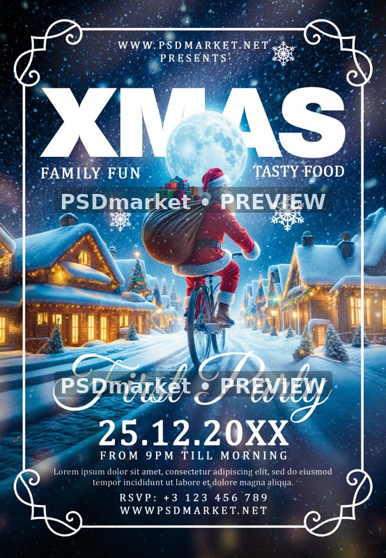 Moonlit Bicycle Santa Christmas Flyer PSD Template — PSD template preview