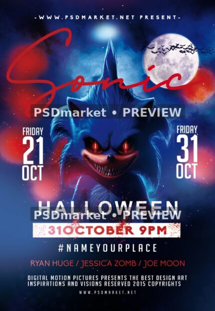Moonlit Blue Monster Halloween Poster PSD Template — reduced watermarked source artwork preview
