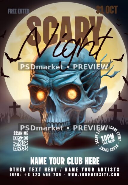 Moonlit Blue Skull Scary Night Flyer PSD Template — reduced watermarked source artwork preview