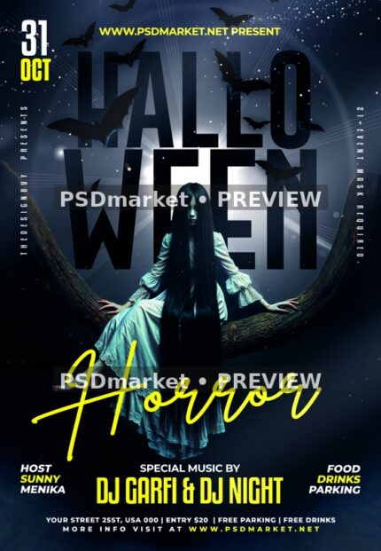 Moonlit Branch Ghost Halloween Horror Flyer PSD Template — reduced watermarked source artwork preview