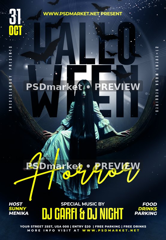 Moonlit Branch Ghost Halloween Horror Flyer PSD Template — reduced watermarked source artwork preview