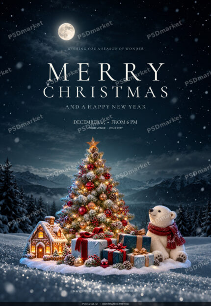 Moonlit Christmas winter still-life flyer with ivory lettering and snowy Christmas scenery; protected preview