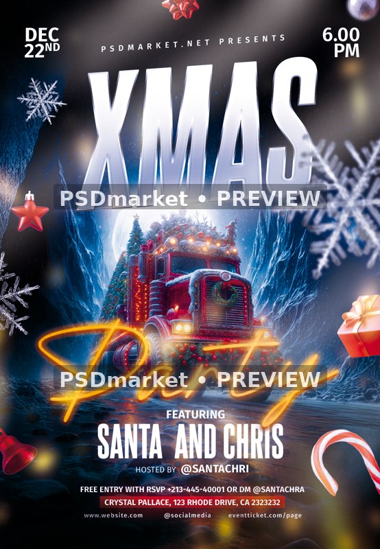 Moonlit Christmas Truck Party Flyer PSD Template — PSD template preview