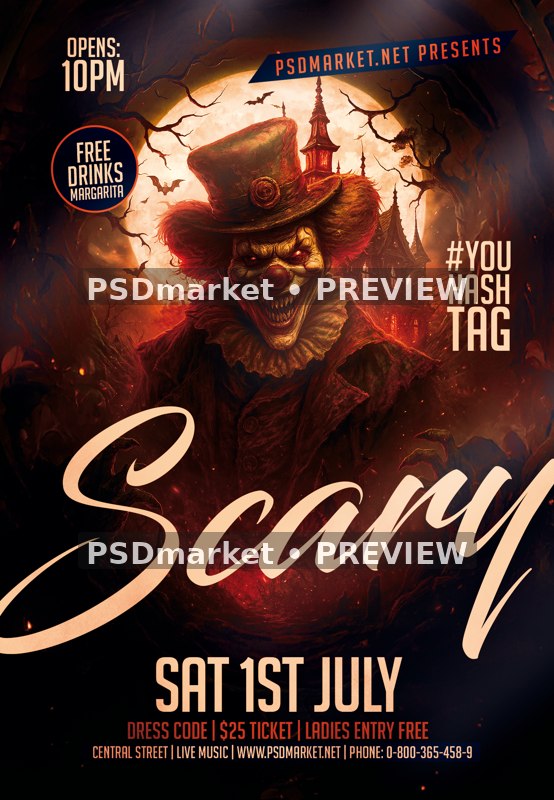 Moonlit Evil Clown Scary Event Flyer PSD Template — reduced watermarked source artwork preview