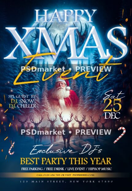 Moonlit Reindeer Santa Christmas Flyer PSD Template — reduced watermarked source artwork preview