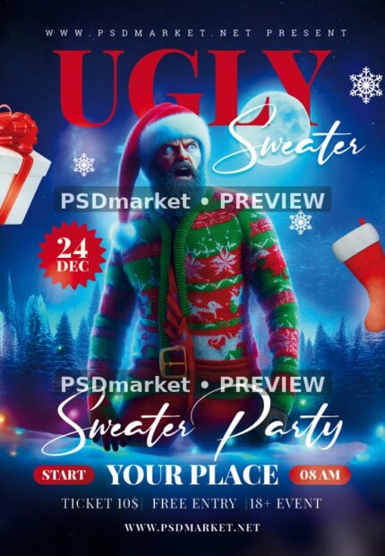 Moonlit Santa Ugly Sweater Party Flyer PSD Template — reduced watermarked source artwork preview
