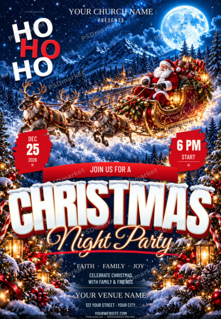 Christmas night party flyer with Santa in a sleigh, reindeer, a moonlit snowy village, red date badges and snow-capped Christmas lettering.