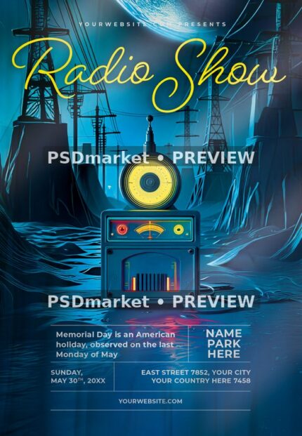 Moonlit Transmission Tower Radio Show Flyer — reduced watermarked preview of the supplied artwork