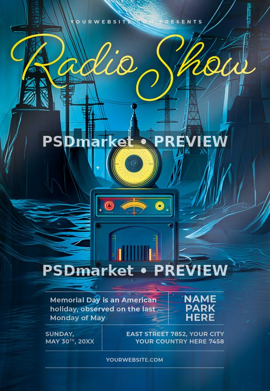 Moonlit Transmission Tower Radio Show Flyer PSD Template — PSD template preview
