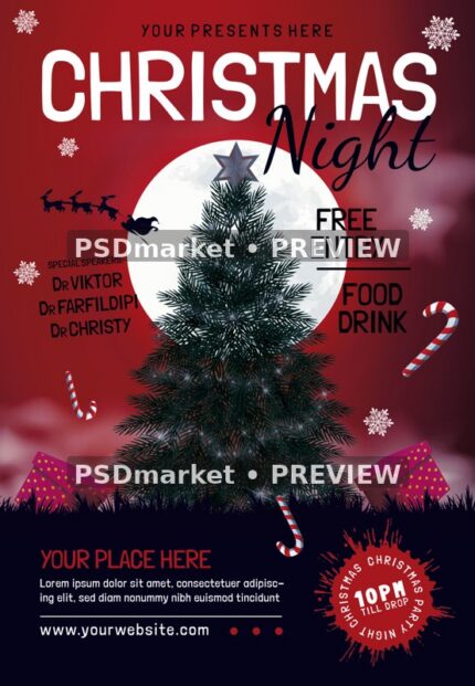 Moonlit Tree Christmas Night Flyer PSD Template — reduced watermarked source artwork preview