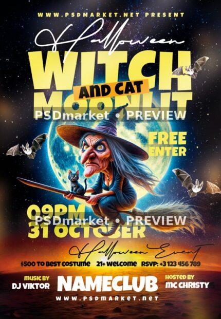 Moonlit Witch and Cat Halloween Event Flyer PSD Template — reduced watermarked source artwork preview
