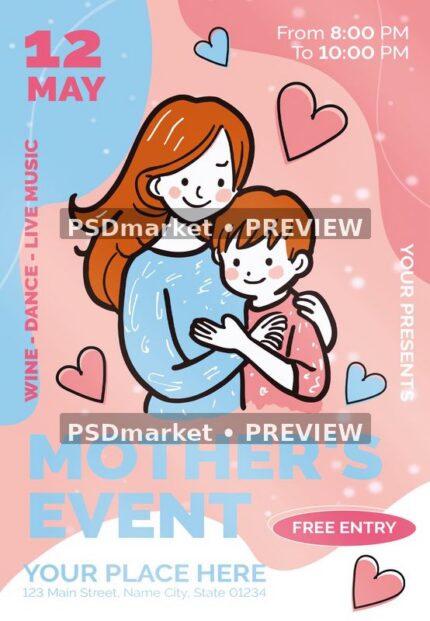 Pink and blue Mothers Day flyer with affectionate mother-and-child drawing, outlined hearts and large event title.