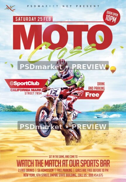 Moto Cross flyer with a dirt-bike rider jumping over sand beside blue water and two PSDmarket preview watermarks