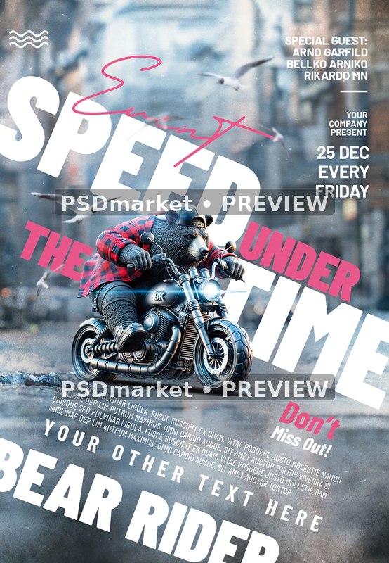 Motorcycle Bear Rider Speed Event Flyer — reduced watermarked source artwork preview