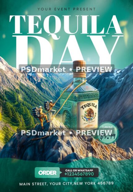 Mountain Climbers Tequila Bottle Day Flyer — reduced watermarked source artwork preview