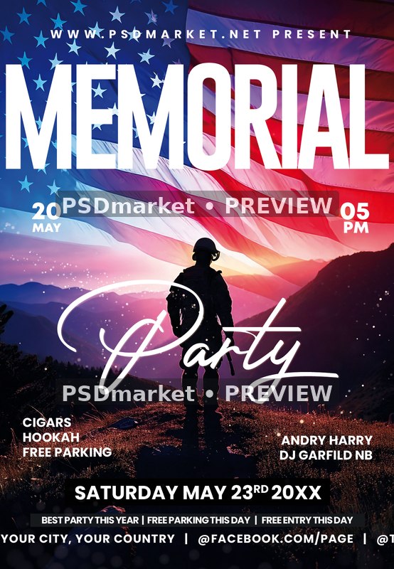 Mountain Silhouette Memorial Party Flyer PSD Template — PSD template preview