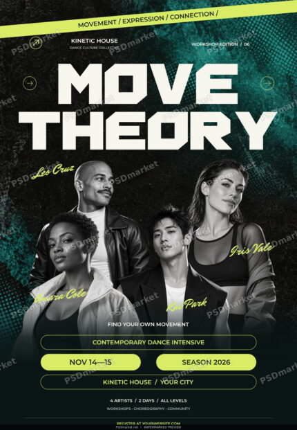 MOVE THEORY contemporary dance workshop flyer with teal atmosphere, bold typography and four dancer portraits; watermarked PSDmarket preview