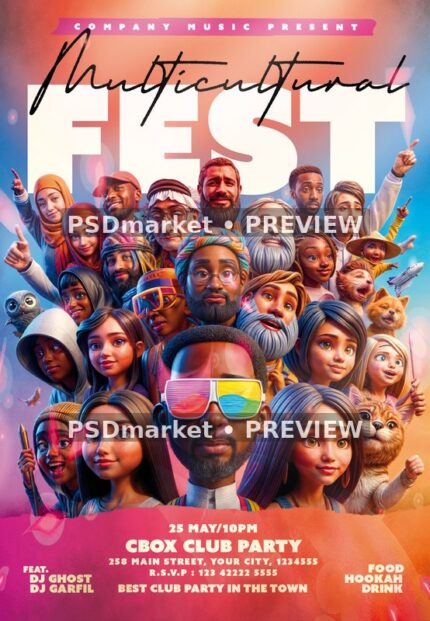 Multicultural Cartoon Collage Festival Flyer PSD Template — PSD template preview