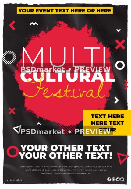 Black, red, white, and yellow Multicultural Festival flyer with geometric accents and two PSDmarket preview watermarks