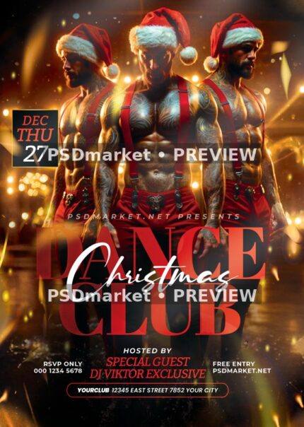 Muscular Santa Trio Christmas Dance Flyer PSD Template — reduced watermarked source artwork preview