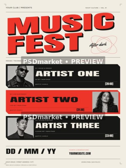 Music Fest After Dark flyer with red 3D-style headline, cream background and three black-and-white artist portraits. Watermarked preview.