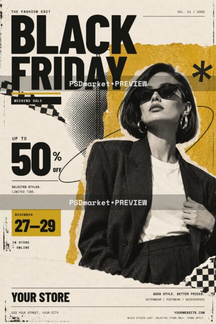 Mustard and cream Black Friday fashion collage flyer with oversized black lettering, a monochrome model and two horizontal PSDmarket preview bands