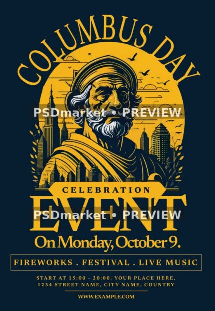 Navy Gold Portrait Columbus Day Event Flyer PSD Template — PSD template preview