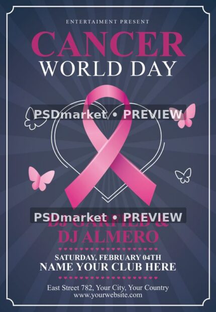 Navy cancer awareness flyer with pink ribbon, outlined heart, butterflies and white border. Two horizontal PSDmarket preview watermarks.