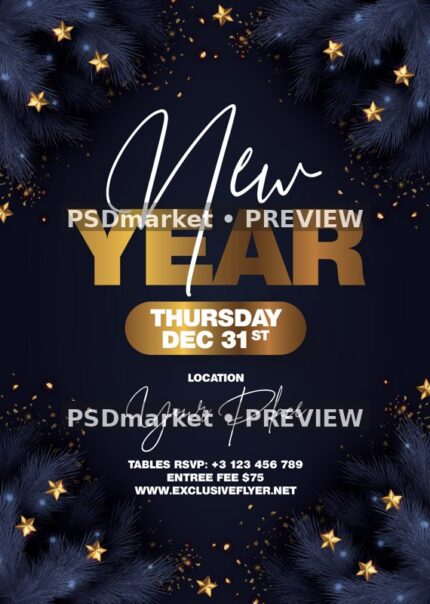 Navy Pine and Gold Stars New Year Flyer PSD Template — reduced watermarked source artwork preview